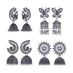 MEENAZ Set Of 4 Silver-Plated Stainless Steel Studded & Beaded Peacock Shaped Jhumkas-image-86