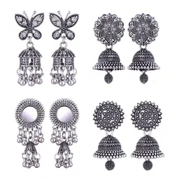 MEENAZ Set Of 4 Silver-Plated Dome Shaped Oxidised Jhumkas-image-88