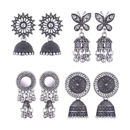 MEENAZ Set of 4 Oxidised Silver Plated Stainless Steel Jhumkas-5