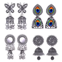 MEENAZ Set Of 4 Silver-Plated Peacock Shaped Jhumkas-image-66