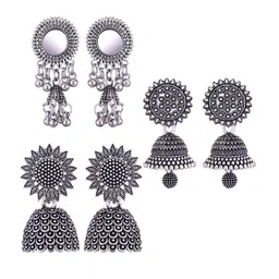 MEENAZ Set Of 3 Silver-Plated Oxidised Jhumkas-image-66
