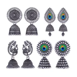 MEENAZ Set Of 4 Silver-Plated Stainless Steel Oxidised Contemporary Jhumkas-35