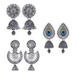 MEENAZ Set Of 3 Silver-Plated Stainless Steel Studded & Beaded Peacock Shaped Jhumkas-3