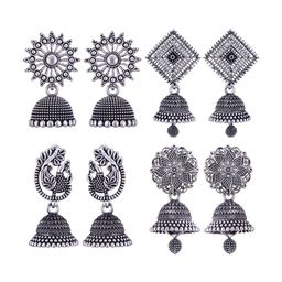 MEENAZ Set Of 4 Silver-Plated Stainless Steel Peacock & Dome Shaped Jhumkas-image-105