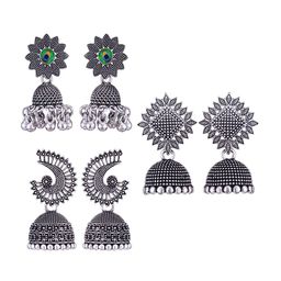MEENAZ Set Of 3 Silver-Plated Dome Shaped Oxidised Jhumkas-image-72
