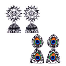 MEENAZ Set Of 2 Silver-Plated Stainless Steel Studded & Beaded Peacock Shaped Jhumkas-image-36