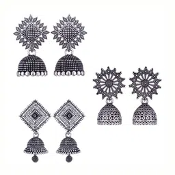 MEENAZ Set Of 3 Silver-Plated Oxidised Dome Shaped Jhumkas-image-76