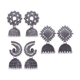 MEENAZ Set Of 3 Silver-Plated Dome Shaped Oxidised Jhumkas-image-84