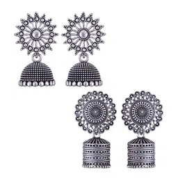 MEENAZ Set Of 2 Silver-Plated Dome Shaped Oxidised Jhumkas-picture-12