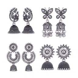 MEENAZ Set Of 4 Silver-Plated Oxidised Jhumkas-15