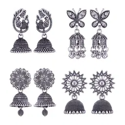MEENAZ Set Of 4 Silver-Plated Dome Shaped Stainless Steel Jhumkas-image-98