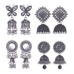 MEENAZ Set Of 4 Silver-Plated Stainless Steel Oxidised Contemporary Jhumkas-34
