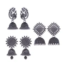MEENAZ Set Of 3 Silver-Plated Dome Shaped Oxidised Jhumkas-image-74