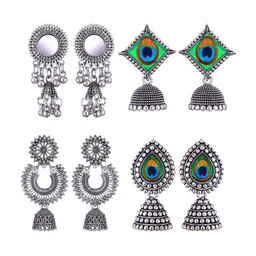MEENAZ Set Of 4 Silver-Plated Stainless Steel Jhumkas Earrings-image-41