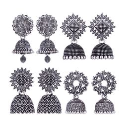MEENAZ Set Of 4 Silver-Plated Oxidised Dome Shaped Jhumkas-52