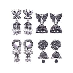 MEENAZ Set Of 4 Silver-Plated Peacock Shaped Jhumkas-image-85