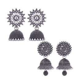 MEENAZ Set Of 2 Silver Plated Stone Studded & Beaded Oxidised Peacock Shaped Jhumkas-15