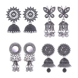 MEENAZ Set Of 4 Silver-Plated Stainless Steel Peacock Shaped Jhumkas-32