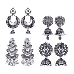 MEENAZ Set Of 4 Peacock Shaped Silver-Plated Jhumkas-image-76