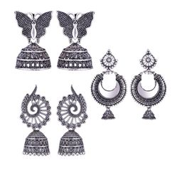 MEENAZ Set Of 3 Stainless Steel Silver Plated Artificial Stones and Beads Studded Earrings-12
