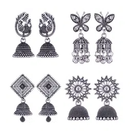 MEENAZ Set Of 4 Silver-Plated Oxidised Peacock Shaped Jhumkas-image-53