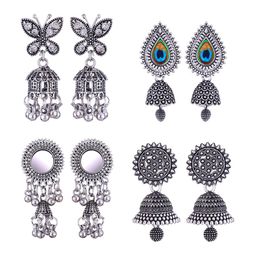 MEENAZ Set Of 4 Silver-Plated Stainless Steel Studded & Beaded Peacock Shaped Jhumkas-9
