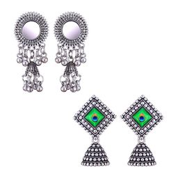 MEENAZ Set Of 2 Stainless Steel Silver Plated Artificial Stones and Beads Studded Earrings-9