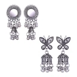 MEENAZ Set Of 2 Silver-Plated Stainless Steel Studded & Beaded Classic Jhumkas-18
