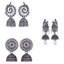 MEENAZ Set Of 3 Silver-Plated Dome Shaped Jhumkas-image-67