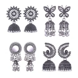 MEENAZ Set Of 4 Silver-Plated Stainless Steel Peacock Shaped Jhumkas-image-73