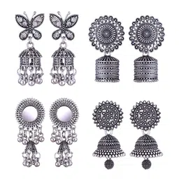 MEENAZ Set Of 4 Silver-Plated Stainless Steel Stones Studded & Beads Beaded Jhumkas-18
