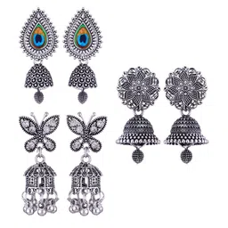 MEENAZ Set Of 3 Silver-Plated Dome Shaped Oxidised Jhumkas-image-48