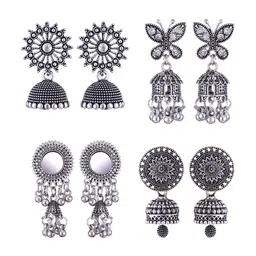 MEENAZ Set Of 4 Silver-Plated Stainless Steel Stones Studded & Beads Beaded Jhumkas-image-92