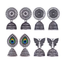 MEENAZ Set Of 4 Silver Plated Oxidised Dome Shaped Stainless Steel Jhumkas-image-111