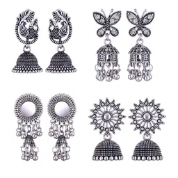 MEENAZ Set Of 4 Silver-Plated Stainless Steel Stones Studded & Beads Beaded Jhumkas-image-95