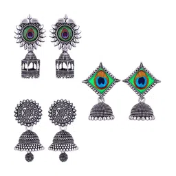 MEENAZ Set Of 3 Silver-Plated Dome Shaped Oxidised Jhumkas-image-70