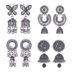 MEENAZ Set Of 4 Silver-Plated Oxidised Dome Shaped Jhumkas-38