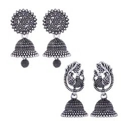 MEENAZ Pack Of 2 Silver-Plated Dome Shaped Oxidised Jhumkas-image-45