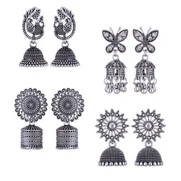 MEENAZ Set Of 4 Stainless Steel Silver Plated Oxidised Dome Shaped Jhumkas-image-98