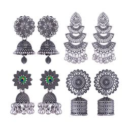 MEENAZ Set Of 4 Silver-Plated Dome Shaped Jhumkas-image-103