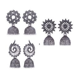 MEENAZ Set of 3 Silver-Plated Dome Shaped Jhumkas Earrings-image-52