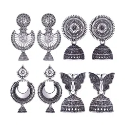 MEENAZ Set Of 4 Silver Plated Stone Studded Stainless Steel Dome Shaped Oxidised Jhumkas-image-95