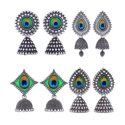 MEENAZ Set Of 4 Silver-Plated Stainless Steel Studded & Beaded Peacock Shaped Jhumkas-image-69
