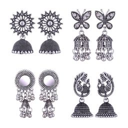 MEENAZ Set Of 4 Silver Plated Peacock Shaped Oxidised  Jhumkas-5