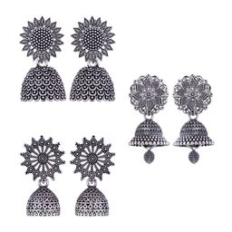 MEENAZ Set Of 3 Silver-Plated Stone-Studded & Beaded Stainless Steel Oxidised Jhumkas-8