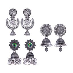MEENAZ Set Of 3 Peacock Shaped Oxidised Classic Jhumkas Earrings-56