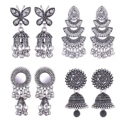 MEENAZ Set Of 4 Silver Plated Peacock Shaped Jhumkas Earrings-image-43