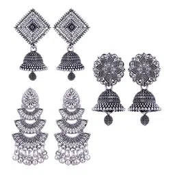 MEENAZ Set Of 3 Silver Plated Dome Shaped Oxidised Stainless Steel Jhumkas-image-32