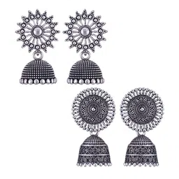 MEENAZ Set Of 2 Silver-Plated Oxidised Jhumkas-8