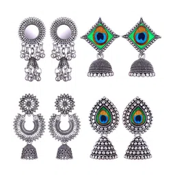 MEENAZ Set Of 4 Silver-Plated Peacock Shaped Jhumkas-16